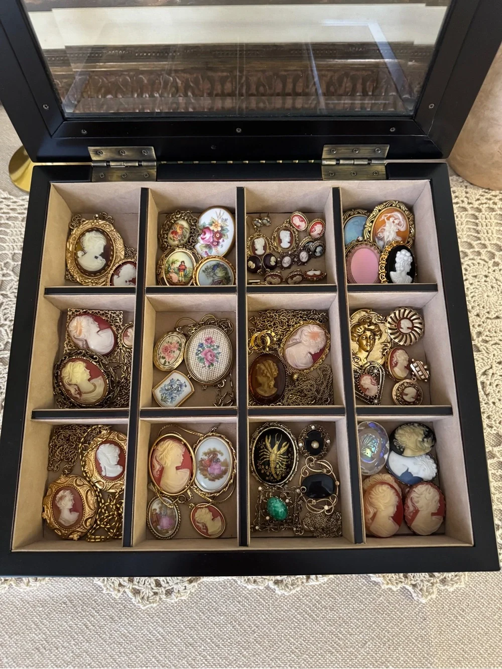 Vintage Faux Cameo 50pc Collection Estate Brooch Necklace Earrings & Jewelry Box